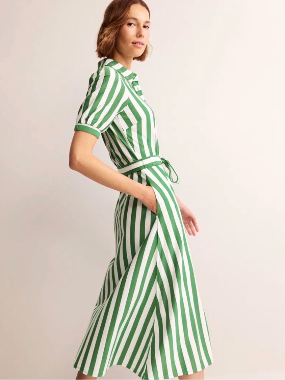 NWT Boden LIBBY Green & White Striped Midi Shirt Dress Sz 10R - Picture 4 of 16